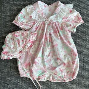 🌸 Vintage 80s Floral Romper + Bonnet Set w/ Zipper and Lace Trim | Sz 18 Months